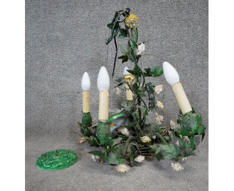 A vintage Italian tole flower five branch chandelier with painted ceramic roses. H.52cm 