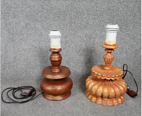 An Italian style gilt painted table lamp of bulbous reeded form and a similar turned table lamp. H.37cm 