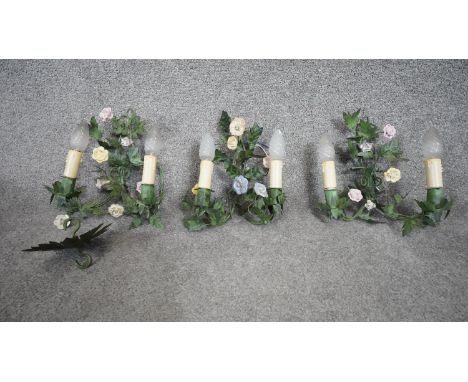 Three Italian tole flower two branch wall scones with ceramic roses. H.27cm 