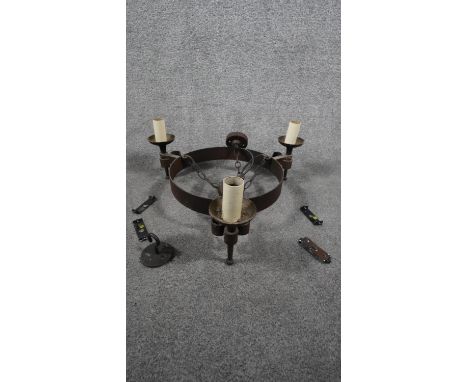 A Tudor style wrought iron three branch hanging candle design ceiling light. H.23 W.53 D.46 