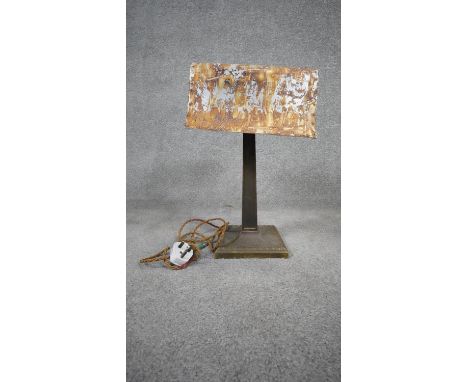 A vintage twin shade brass table lamp with inverted tapering column on square base. H.39cm 