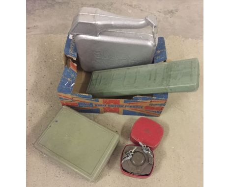 A box of items to include a vintage 'Eversure' petrol can and an etching tool.