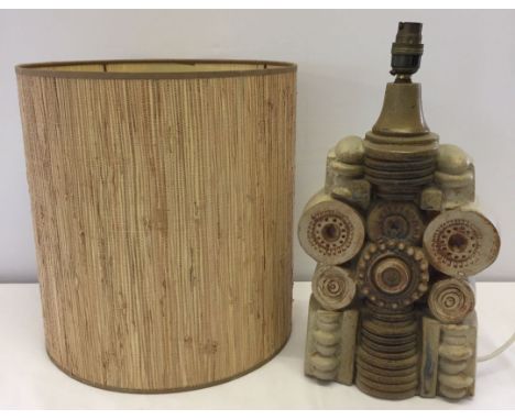A single tier Bernard Rooke studio pottery lamp with original raffia drum lampshade. Brown & beige colourway. Signed to side 