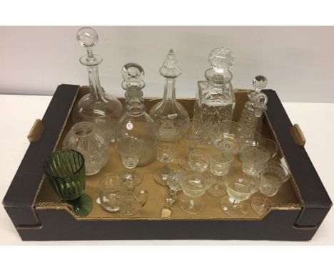 A box of misc glass items to include a George III ring necked decanter and c19th glasses.