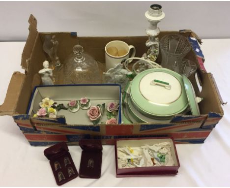 A box of mixed ceramics and glass to include: Palissy Art Deco style tureens, Coalport flowers and Kaiser ceramic lamp base.