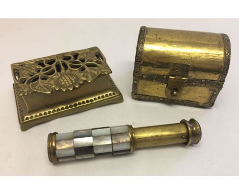 A brass and mother of pearl french Leklid perfume atomiser a/f together with a small ornate brass stamp box and a brass cover