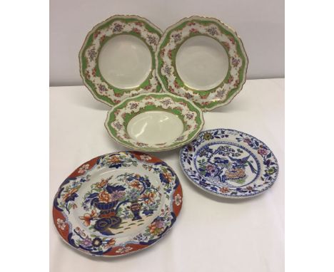 5 19th century plates and dishes comprising: - Spode Newstone plate, 3 Ashworth Ironstone dishes with retailer stamp and anot