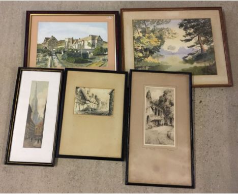 A collection of 5 framed & glazed pictures to include watercolour by G.M Hossbach & etching of Bishop Bonner's Cottage, Dereh