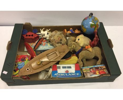A box of vintage toys to include Noddy xylophone, tinplate globe and small bisque head doll.