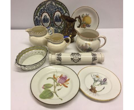 A box of mixed ceramics to include a Colmans rolling pin and a Wood & Sons commemorative plate for the primitive methodist ce