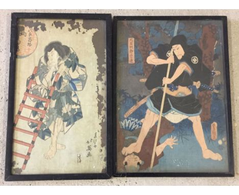 2 19th century Japanese coloured block prints: 1) by Kunasada I (c1857) of Kobuki actor Nakamura Shikan IV playing a Samurai 