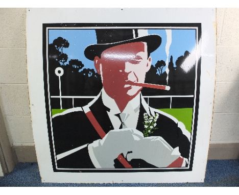 A VINTAGE ENAMEL SIGN, depicts image of a man wearing a top hat and white gloves, pinning lucky white heather to his lapel, h