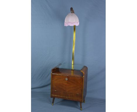 A 1950'S WALNUT ATOMIC COCKTAIL LAMP TABLE, with brass upright support overhead, bearing the label L. Bargel, London, with la