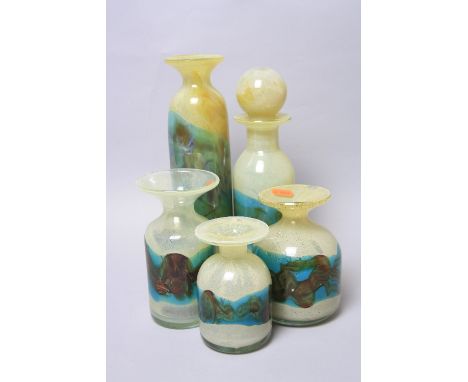 A GROUP OF MDINA GLASS, to include two tall decanter style vases and three smaller examples, all in the Sea and Sand pattern 