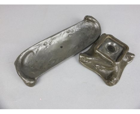 A 20TH CENTURY SWEDISH PEWTER PEN TRAY AND MATCHING INKWELL, cast as fishing in a fast current of water, the bases stamped Sc