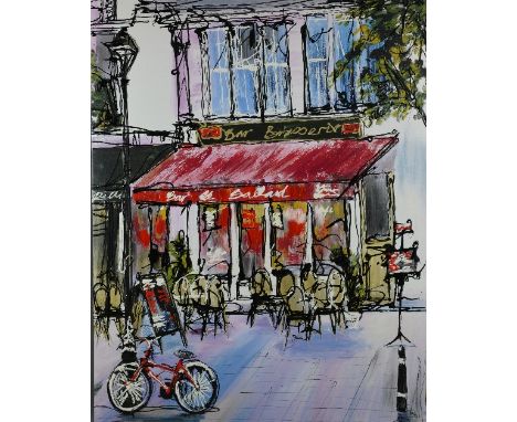 A LIMITED EDITION HAND EMBELLISHED PRINT OF AN EXTERIOR OF A BAR BRASSERIE, box canvas, indistinctly signed and numbered 86/9