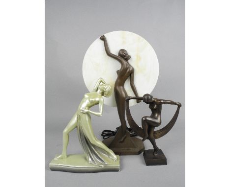 AN ART DECO STYLE PLASTER FIGURE OF A SCANTILY CLAD FEMALE, on a serpentine shaped base, green lustre finish, impressed monog