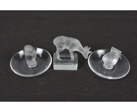 A LALIQUE FROSTED GLASS MODEL OF A DEER, inscribed Lalique, France' on the base, height approximately 8cm, together with two 