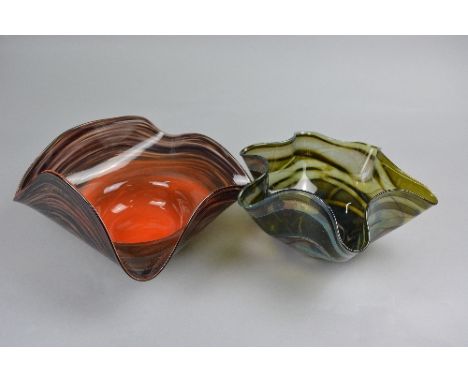TWO STUDIO GLASS BOWLS, the first has pulled rim and has green, brown and blue horizontal banding indistinctly signed to the 