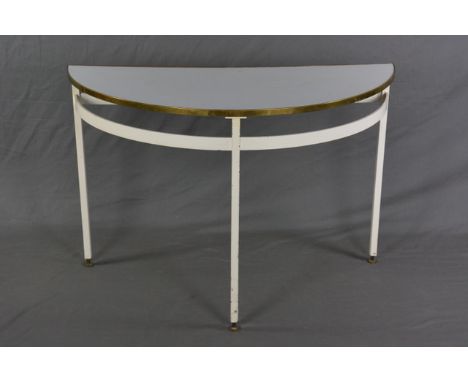 AN INDUSTRIAL STYLE MID 20TH CENTURY HALF MOON CONSOLE TABLE, with brass banded edge