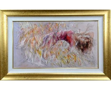 GARY BENFIELD (BRITISH B.1965), Female figure, embellished print on canvas, signed lower right, approximately 97cm x 53.5cm