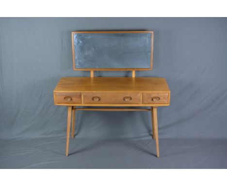 AN ERCOL ELM DRESSING TABLE, with rectangular mirror back, two short and one long frieze drawers, on square tapering legs, ap