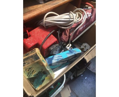 A BOX OF MIXED INC A MAKITA BELT SANDER