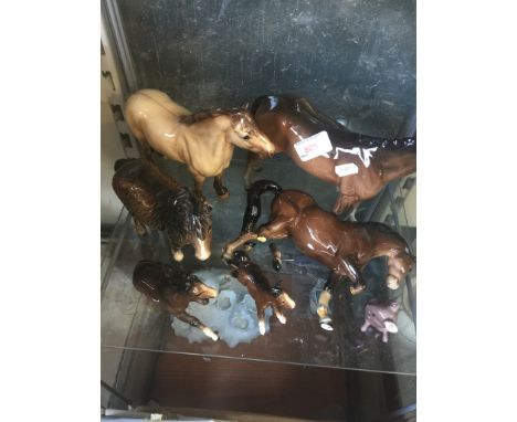 SIX BESWICK HORSE - 0NE DAMAGED AND A MOUSECONDITION:  LEGS BROKEN ON SMALLEST HORSE, HIGHLAND PONY AND OTHER HORSE AS PICTUR