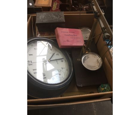 BOX WITH SCALES, ROUND CLOCK ETC.    T4