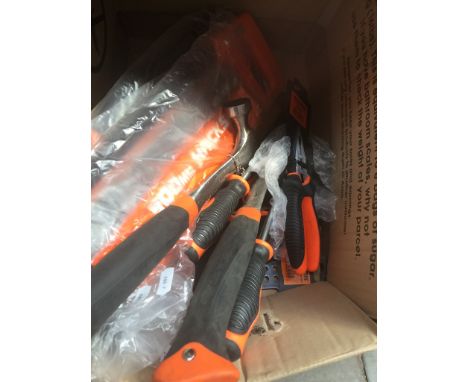 A BOX OF NEW TOOLS INC HACKSAWS, HAMMERS, SCREWDRIVERS AND PLIERS