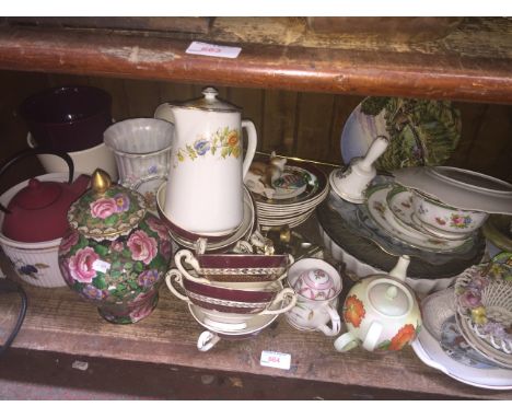 SHELF OF POTTERY ETC.