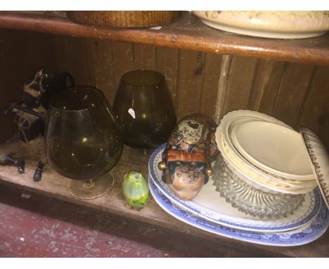 SHELF OF POTTERY, FIGURE, GLASS ETC.