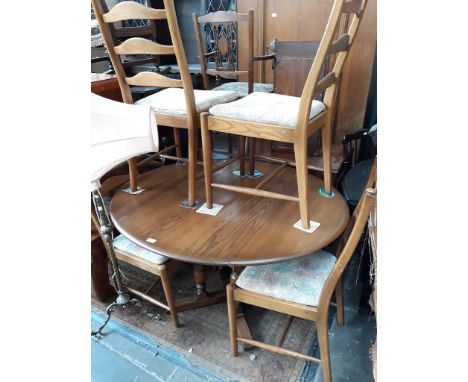 ERCOL GOLDEN DAWN ELM DROP LEAF TABLE AND FOUR LADDER BACK CHAIRS. W115CM