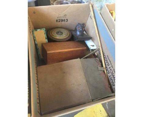 BOX WITH WOODEN BOX, BAROMETER ETC.      T2
