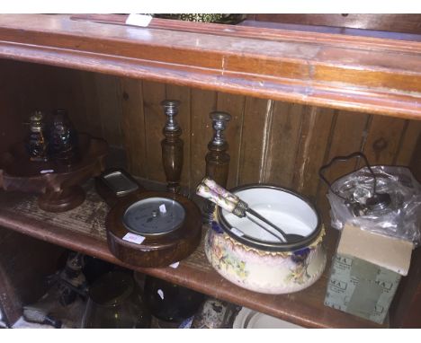 BAROMETER, OTHER WOODEN ITEMS, POTTERY SALAD BOWL ETC.
