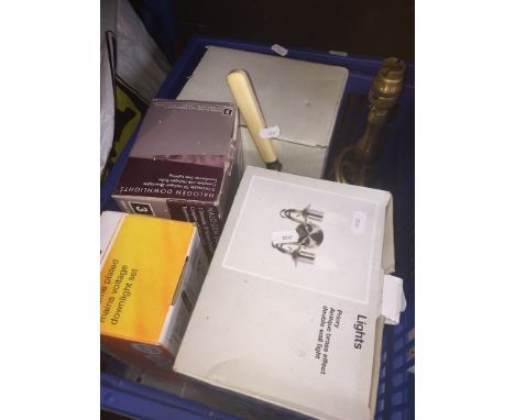 A BOX OF LIGHT FITTINGS, BULBS ETC