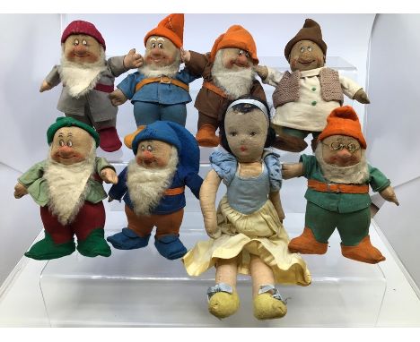 Chad Valley: Snow White and the Seven Dwarfs, soft body, felt clothing, c1935. Stitched Labels showing Hygienic Toys, Made in