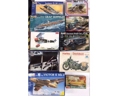 Model kits: Revell German Staff Car, Thor &amp; Jupiter spacecraft, Graff Zeppelin, Junkers, Victor, Roden Armoured car, Fokk