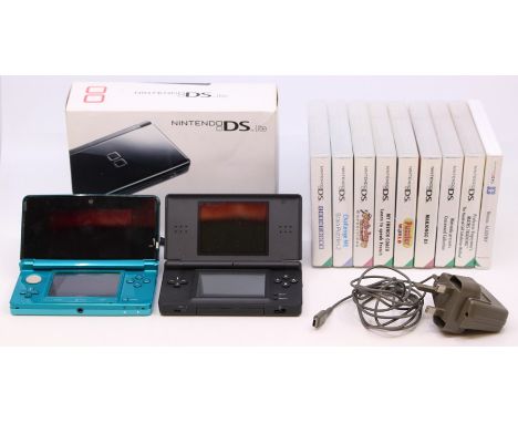 Nintendo: An unboxed Nintendo 3DS Console, aqua blue, no charger, untested, with stylus; together with a boxed Nintendo DS Li
