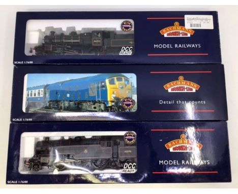 Bachmann: A collection of three OO gauge Bachmann locomotives: 32-778 class 37/0 Green Centre Head, 31-978 Standard class 3MT