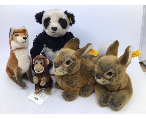 Steiff: A collection of five assorted unboxed Steiff animals to comprise: Panda 030512; Fox 033476; Monkey 40542; Rabbit 0801