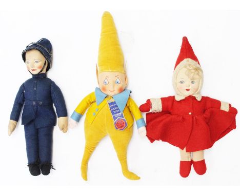 Chad Valley: A collection of three assorted Chad Valley cloth dolls to include: a Policeman, and two others, approx. 11" to 1