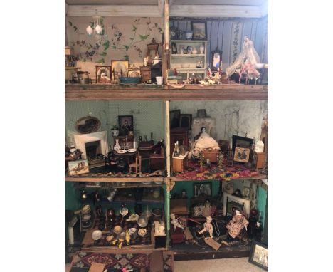 Dolls House: An early to mid 19th century pine cupboard converted to a dolls house. Contents include: Victorian glassware, ju