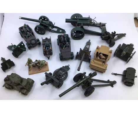 Britains: A collection of assorted Britains army vehicles to include Kubelwagon, Kettenkrad, field guns, along with Crescent 
