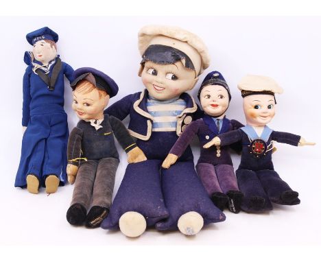 Dolls: A collection of five assorted cloth dolls to comprise: a Farnell Sailor doll, circa 1930s, a Norah Wellings Sailor dol