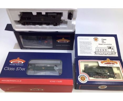 Railway: three 00 gauge Bachmann locomotives to include 32-215 class 57xx Pannier Tank green, class 03 Deisel, 32-128 45xx Ta