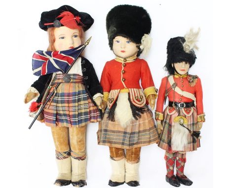 Dolls: A collection of three assorted cloth dolls, manufacturers unknown, dressed in Scottish Highlanders attire, possibly Ch