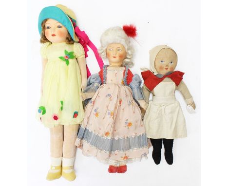 Dolls: A collection of three assorted cloth dolls, manufacturers unknown, possibly Chad Valley, smallest approx. 15", largest