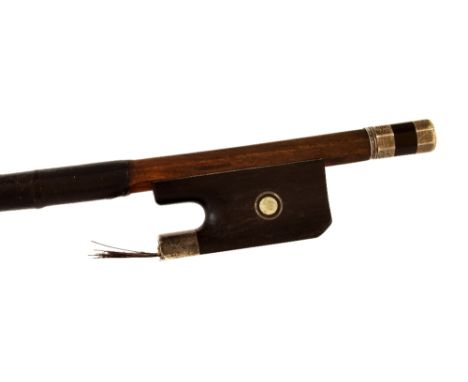 English silver mounted double bass bow by and stamped P.W. Bryant, the stick round, the ebony frog (at fault) inlaid with sil