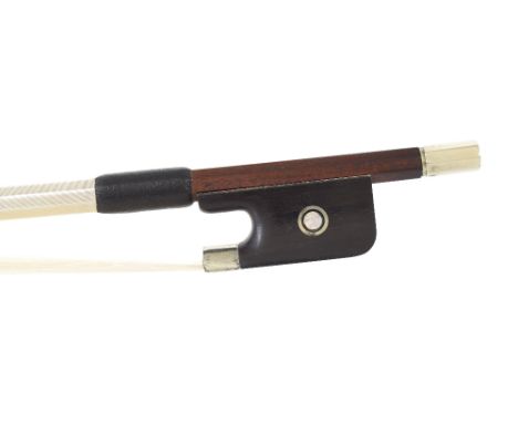 Silver and nickel mounted violoncello bow stamped Fetique under the frog, the stick round, the ebony frog inlaid with silver 